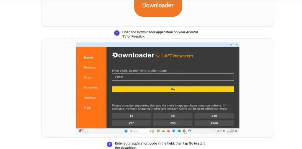 Downloader: Codefeld und Go-Schaltfläche