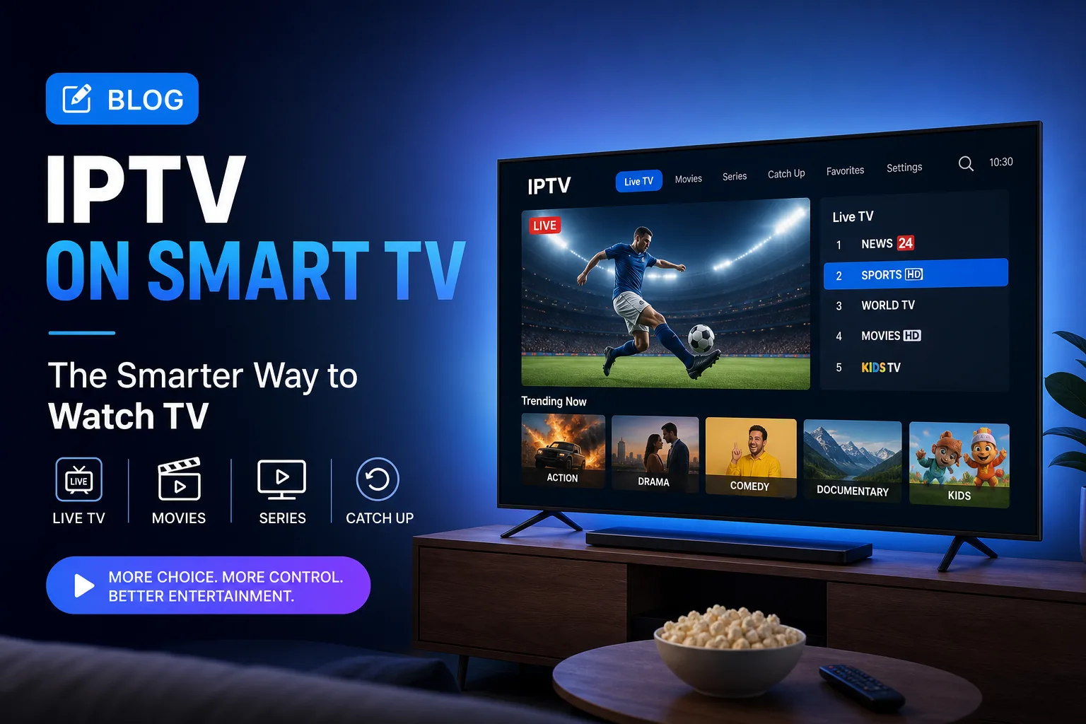 Smart TV-skjerm som viser premium IPTV-strømming med sport, filmer og internasjonale kanaler
